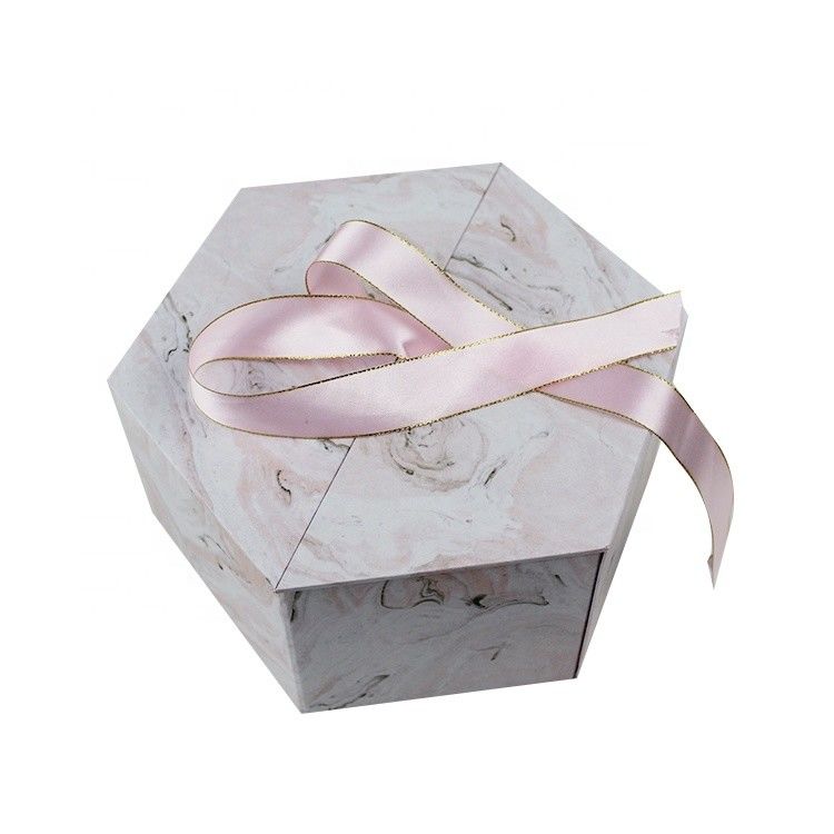 Creative Hexagonal Cardboard Gift Boxes With Ribbon Closure Marble Surface