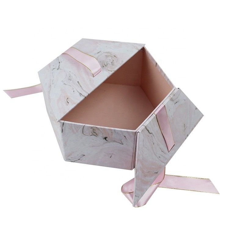Creative Hexagonal Cardboard Gift Boxes With Ribbon Closure Marble Surface