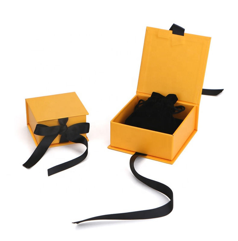 Simple Yellow Gift Box Black Satin Ribbon For Jewerly Earring Shipping