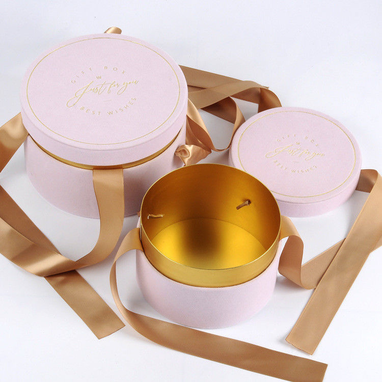 Cardboard Pink Round Packaging Box With Ribbon Wedding Celebration