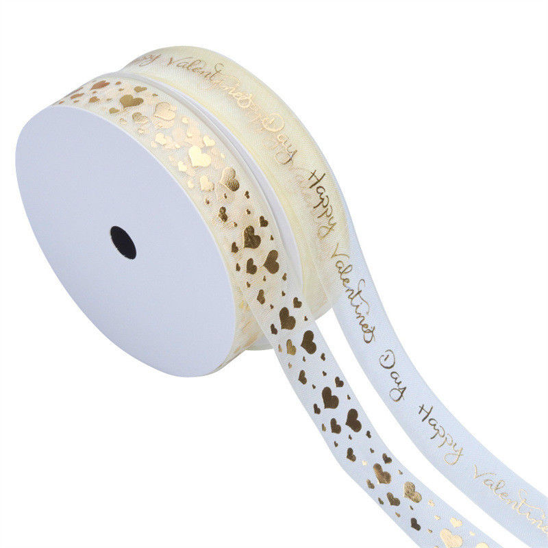 Custom Polyester Christmas Gold Wrapping Ribbon Riased Embossed Printed Rolls