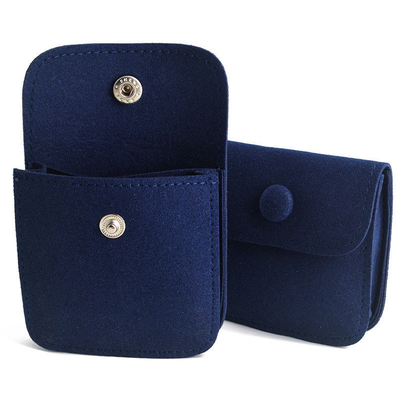 Snap Button Custom Packaging Solutions Ring Earing Storage Pouch Packaging Blue Microfiber