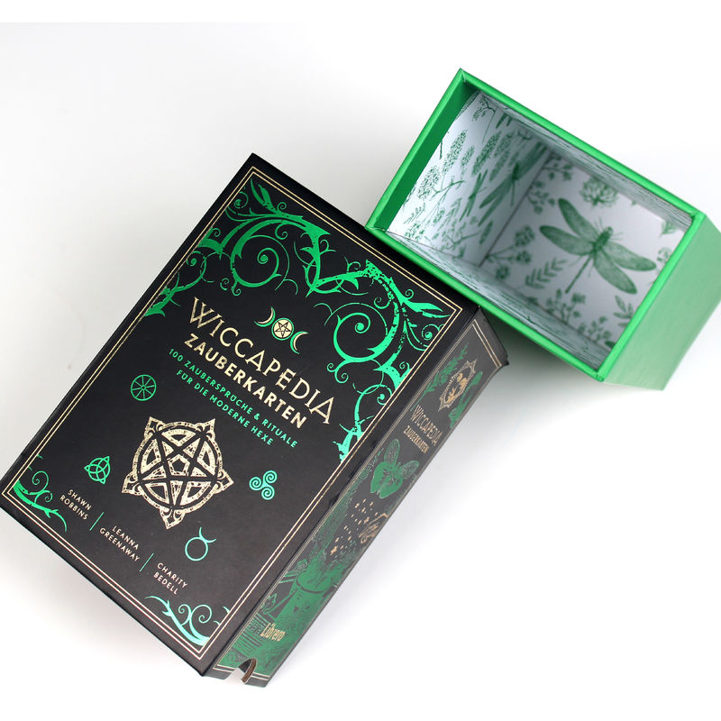 Rigid Sliding Box Paper Packaging With Tray And Green Foil Stamping For Magic Cards