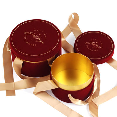 Red Cylindar Candy Packaging Box With Ribbon Tied Velevt Gift