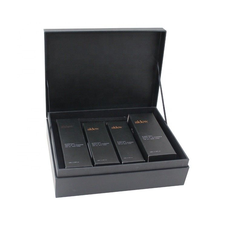 Black Magnetic Lid Cosmetic Gift Boxes For Luxury Skincare Product Sets Packaging