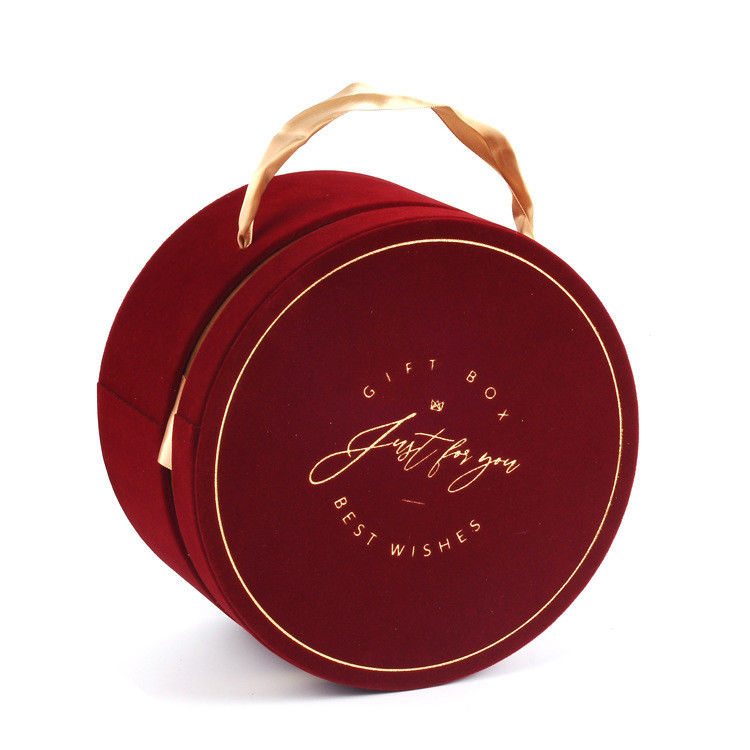 Red Cylindar Candy Packaging Box With Ribbon Tied Velevt Gift