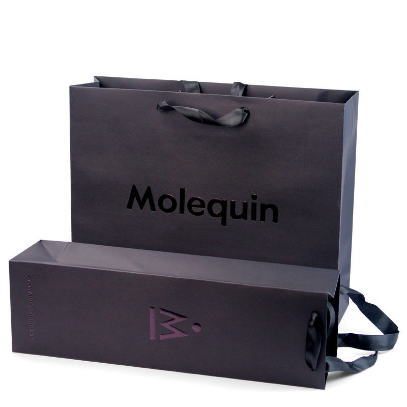 Custom Black Paper Shopping Bags With Ribbon Handles  Stylish Product Packaging Box Design