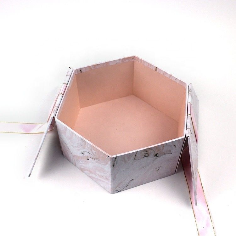 Creative Hexagonal Cardboard Gift Boxes With Ribbon Closure Marble Surface