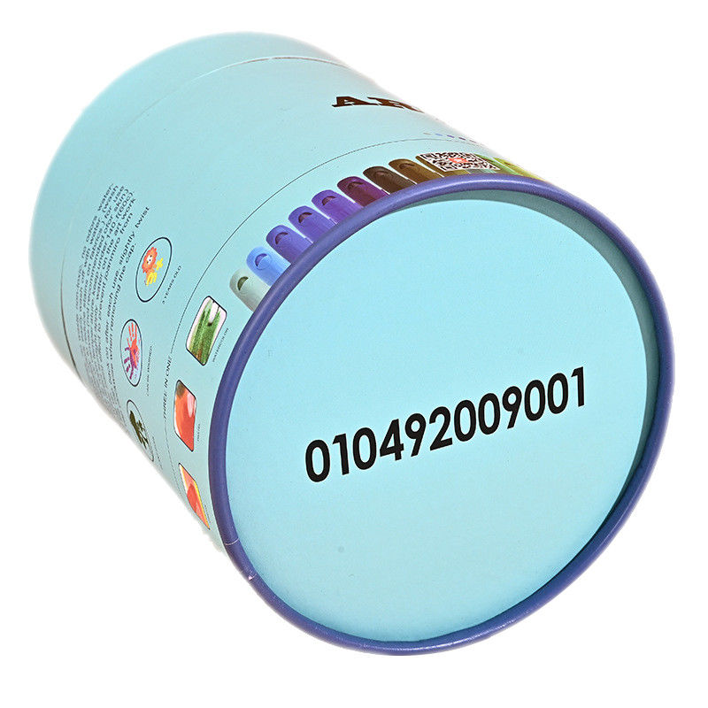 Custom Blue Round Cardboard Storage Box With Lid For 48 Pack Crayon