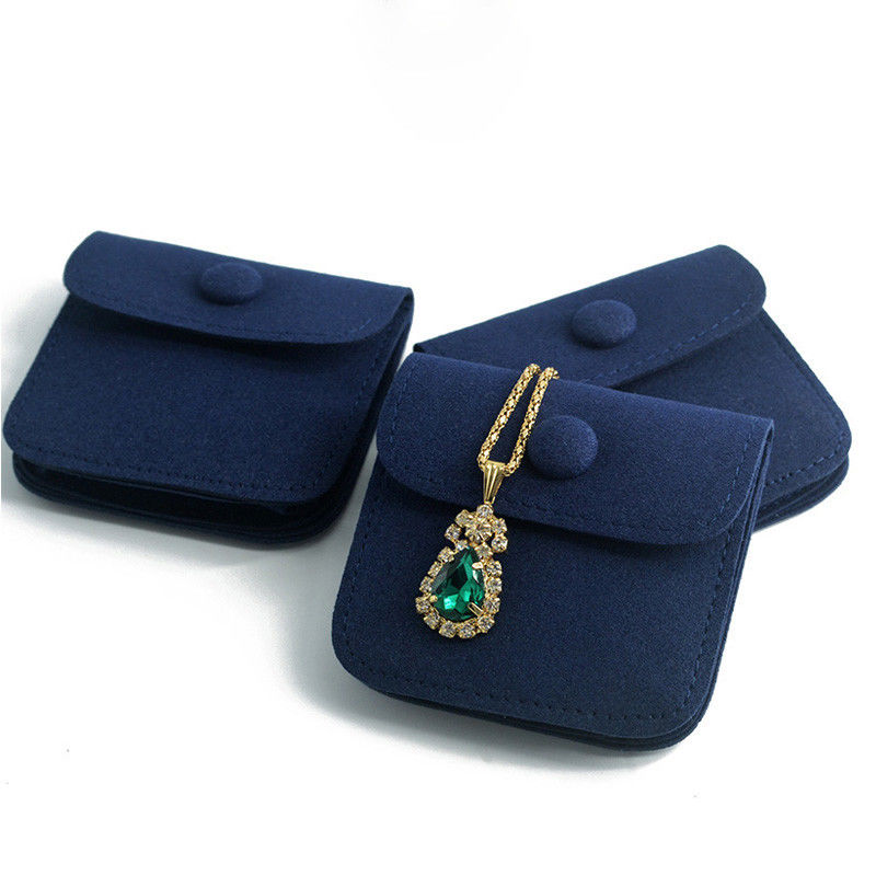 Snap Button Custom Packaging Solutions Ring Earing Storage Pouch Packaging Blue Microfiber