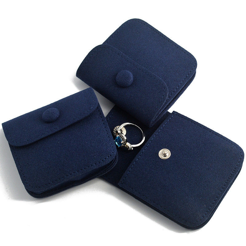 Snap Button Custom Packaging Solutions Ring Earing Storage Pouch Packaging Blue Microfiber
