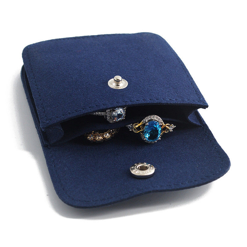 Snap Button Custom Packaging Solutions Ring Earing Storage Pouch Packaging Blue Microfiber