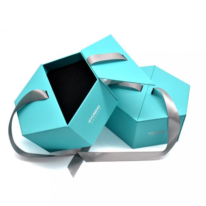 Green Hexagon Magnetic Gift Box With Ribbon And Foam Insert Foil Stamping Surface Rigid Cardboard 1