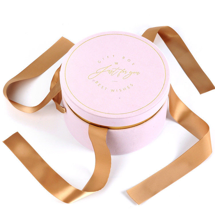 Cardboard Pink Round Packaging Box With Ribbon Wedding Celebration