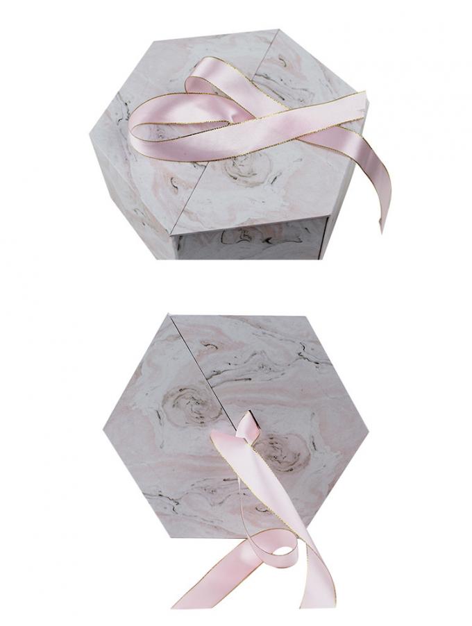 Creative Hexagonal Cardboard Gift Boxes With Ribbon Closure Marble Surface 0