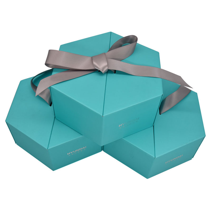 Green Hexagon Magnetic Gift Box With Ribbon And Foam Insert Foil Stamping Surface Rigid Cardboard