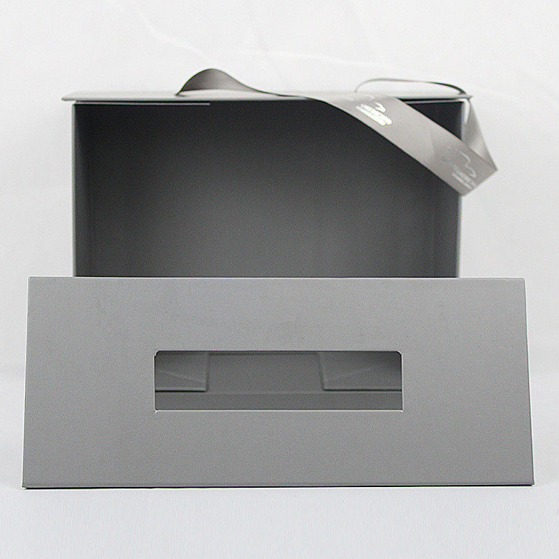 Luxury Silver Folding Gift Box Custom Foil Stamping Logo With Ribbon Handle