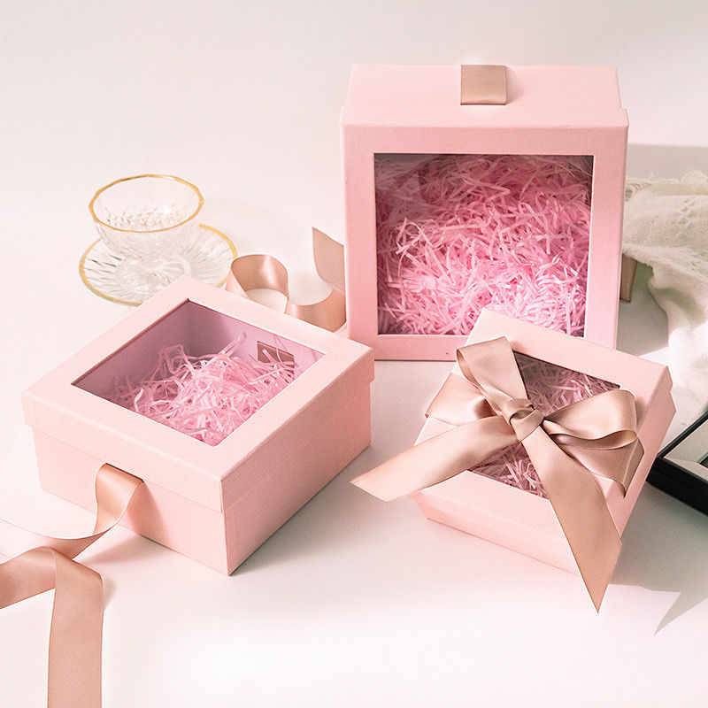 Customized Square Recentage Pink Gift Box With Ribbon