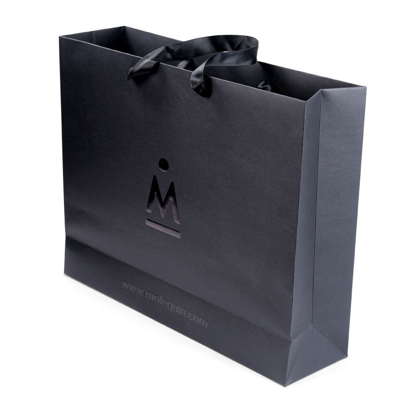 Custom Black Paper Shopping Bags With Ribbon Handles  Stylish Product Packaging Box Design