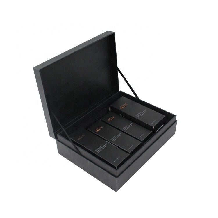 Black Magnetic Lid Cosmetic Gift Boxes For Luxury Skincare Product Sets Packaging