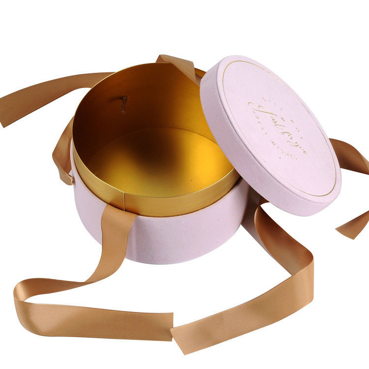 Cardboard Pink Round Packaging Box With Ribbon Wedding Celebration