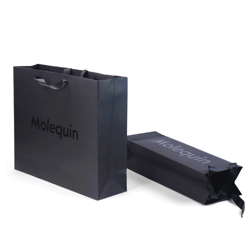 Custom Black Paper Shopping Bags With Ribbon Handles  Stylish Product Packaging Box Design