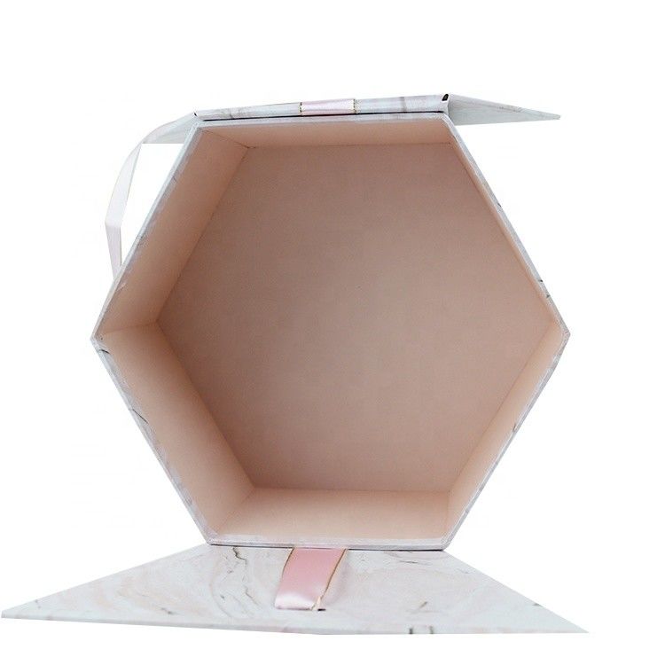Creative Hexagonal Cardboard Gift Boxes With Ribbon Closure Marble Surface