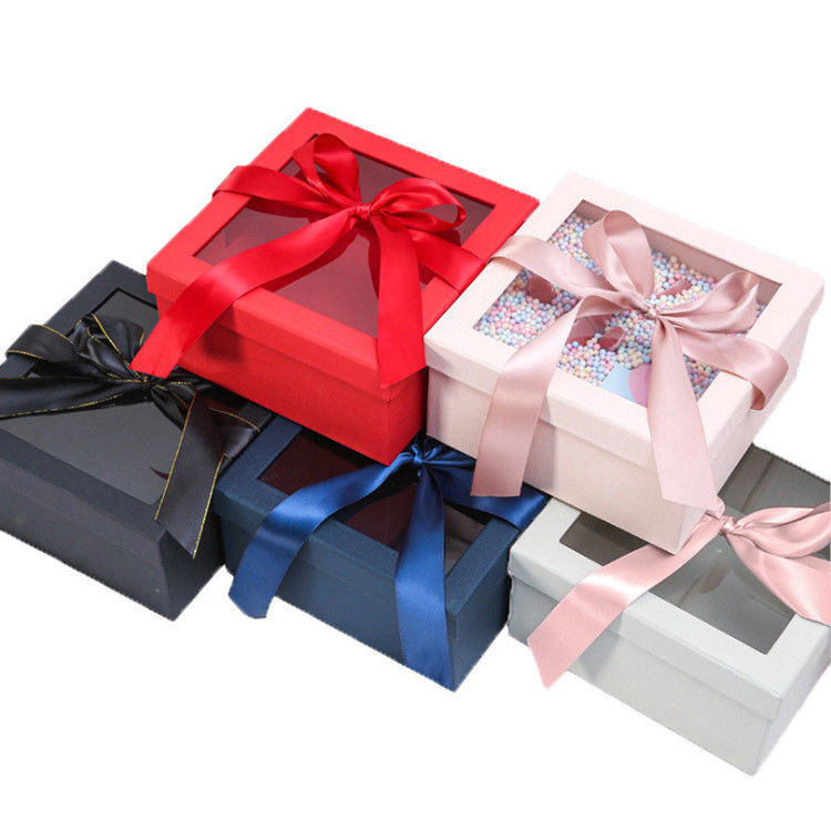 Customized Square Recentage Pink Gift Box With Ribbon