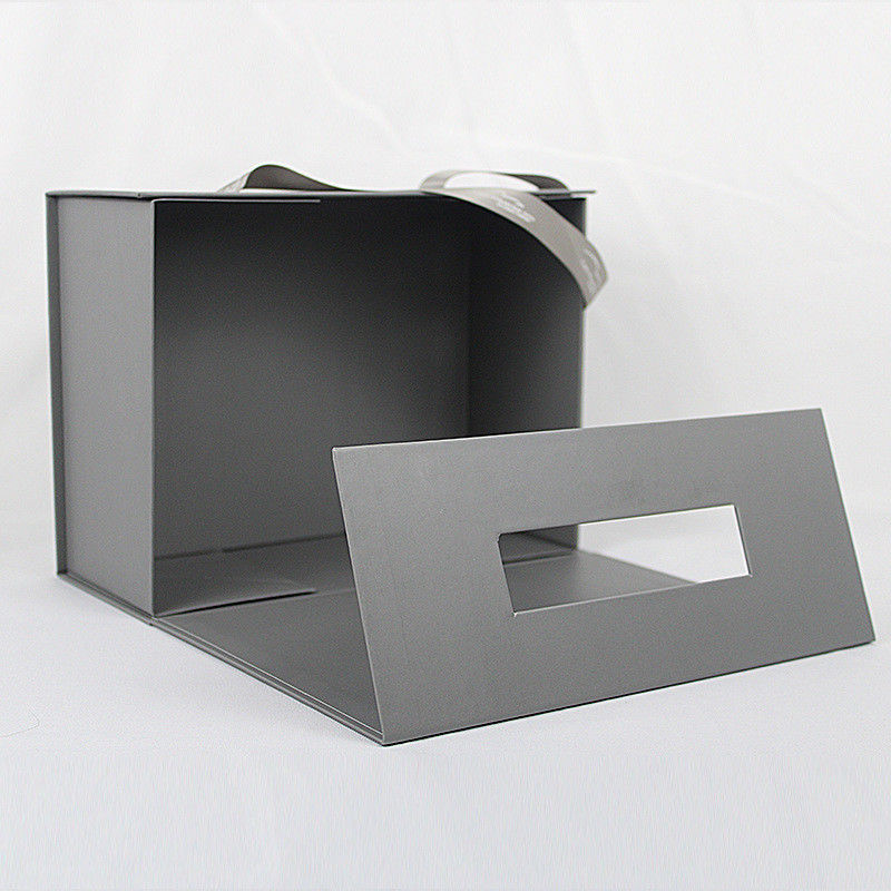 Luxury Silver Folding Gift Box Custom Foil Stamping Logo With Ribbon Handle