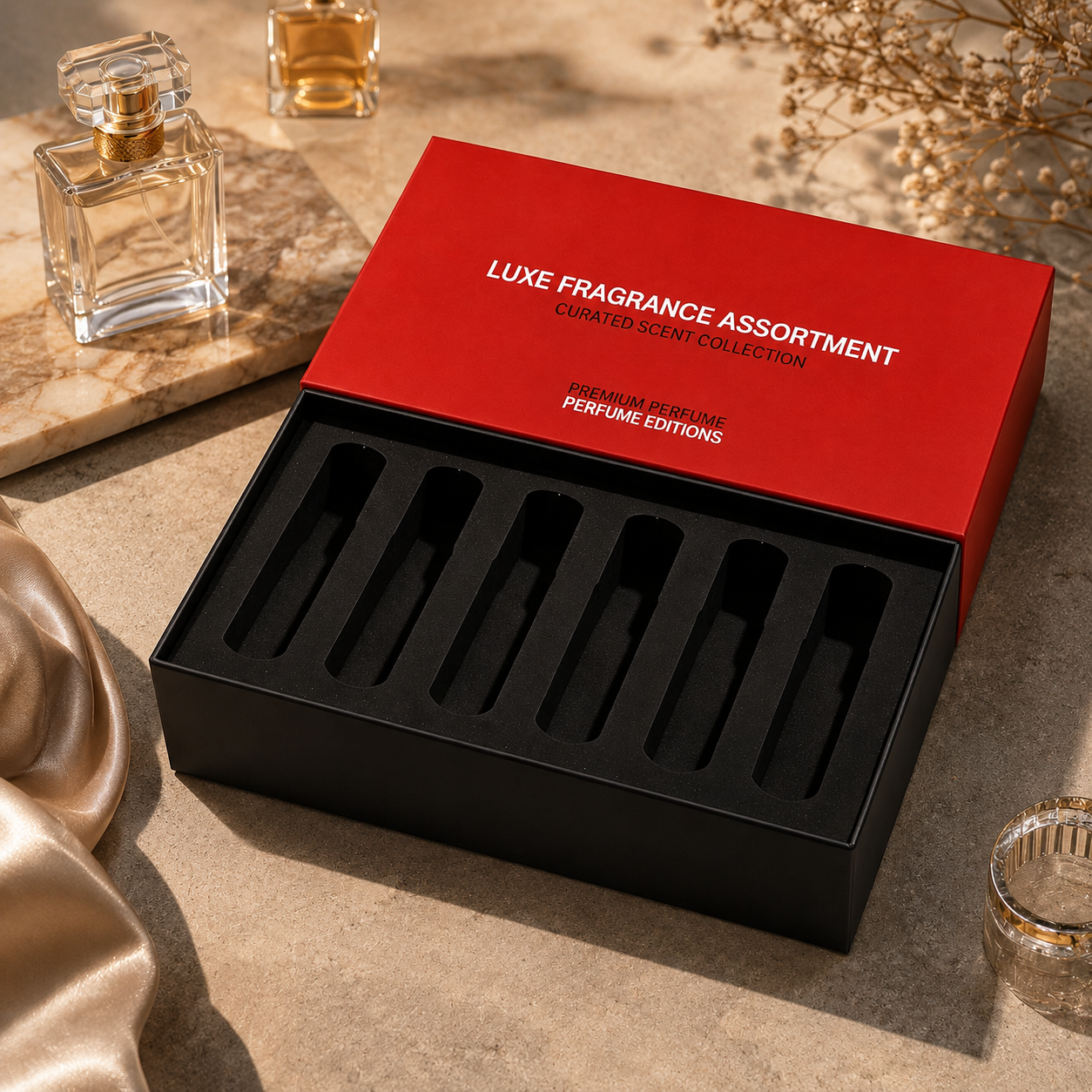 Custom Two-Tone Rigid Perfume Set Boxes | 6 Slot Fragrance Assortment Packaging With Custom EVA Foam Insert